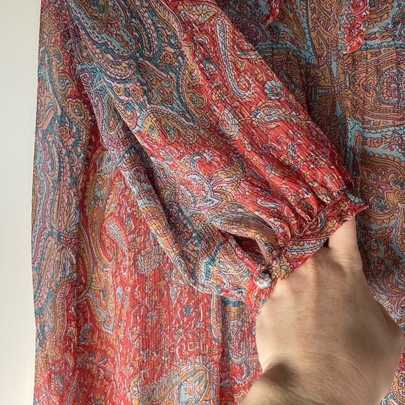 Sundance 100% Silk Paisley Blouse Tie Neck 3/4 Sleeve Sheer Pleated Bust | M - Picture 5 of 11